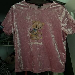 Rare Forever 21 Pink Velvet Tee with Teddy Bear Design